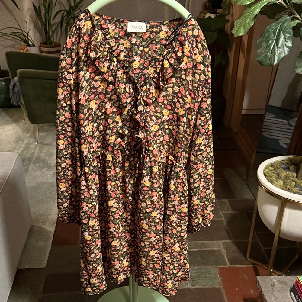 Aura Black Floral Long Sleeve Ruffle Dress
